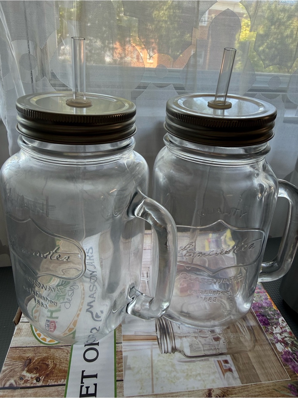 Clear Glass Mason-Style Drinking Jar with Handle and Straw - Set of 2